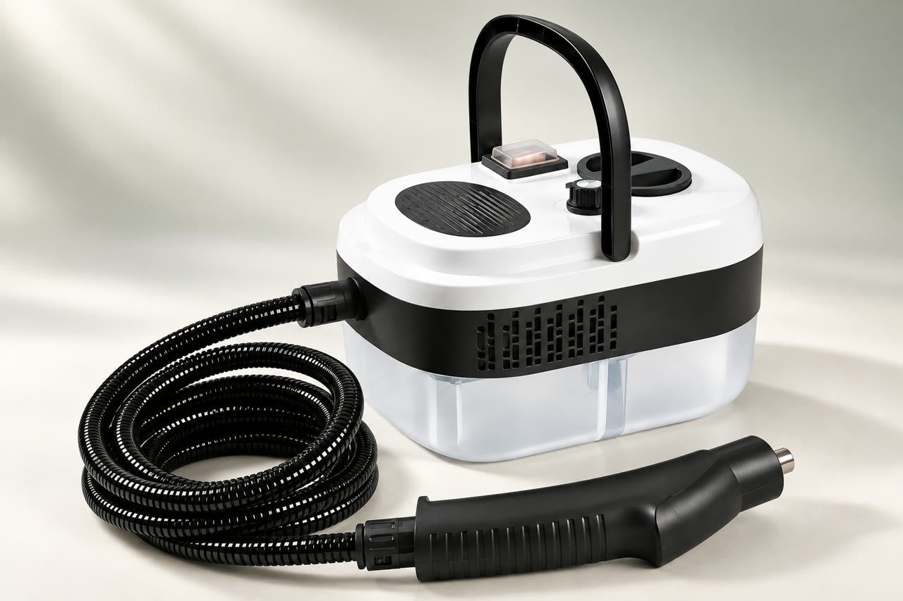 Limpiador portátil blanco y negro con asa, manguera y pistola de vapor